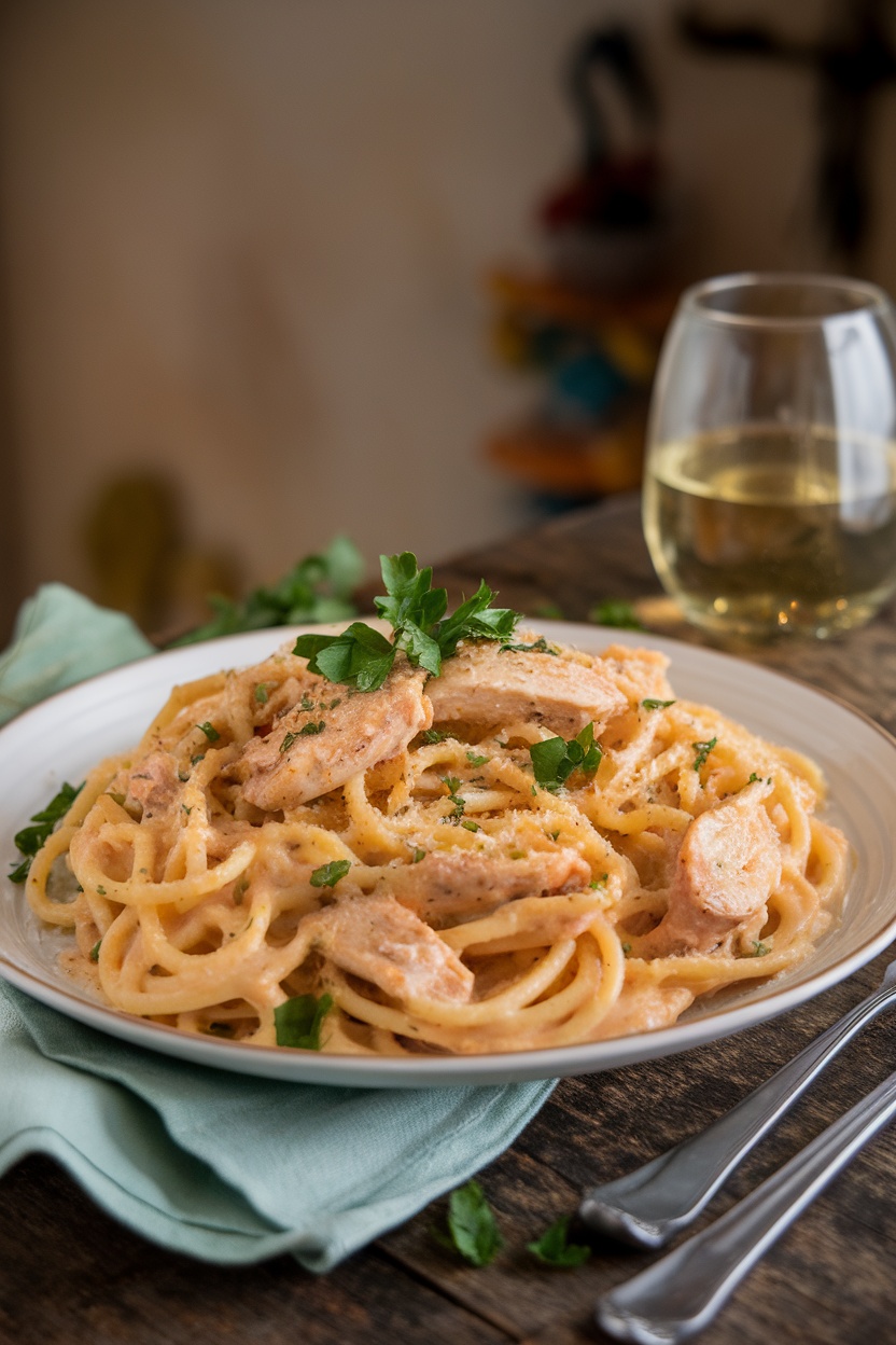 Creamy Garlic Parmesan Chicken Spaghetti on a plate, garnished with parsley, with chicken pieces and a glass of wine.